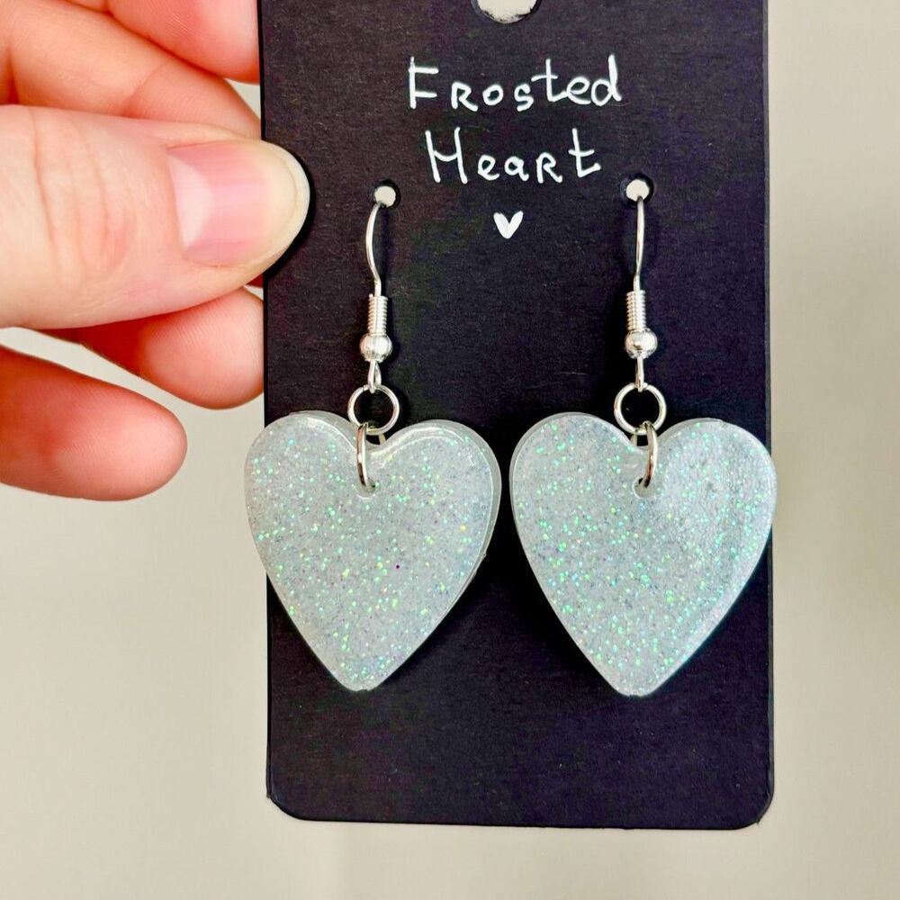 White Glitter Heart Earrings, Iridescent Resin Dangles with Silver Hooks